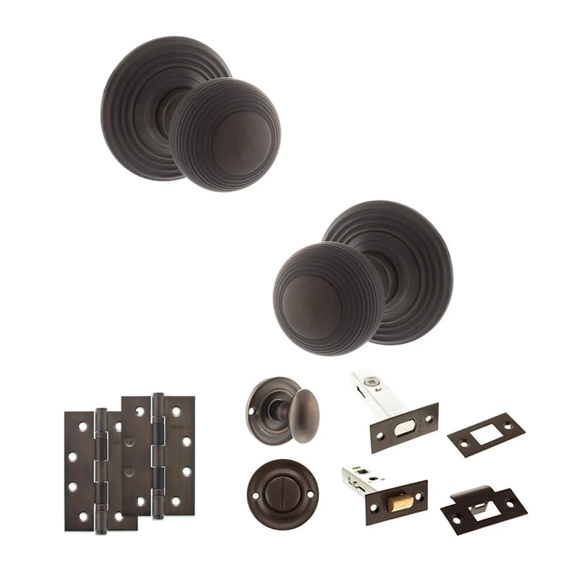 Atlantic Old English Ripon Door Knob Pack (Bathroom Set - 4" Deadbolt, 4" Slim Knuckle Hinges x2)