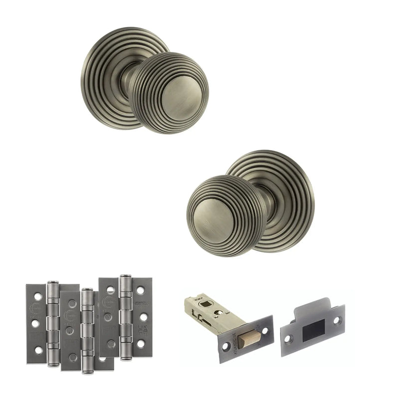 Atlantic Old English Ripon Door Knob Pack (Latch Set - 3" HD Latch, 3" Fire Rated Hinges x3)