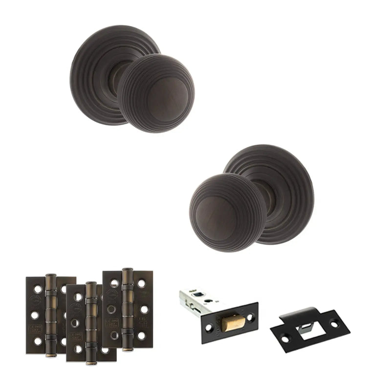 Atlantic Old English Ripon Door Knob Pack (Latch Set - 3" HD Latch, 3" Fire Rated Hinges x3)