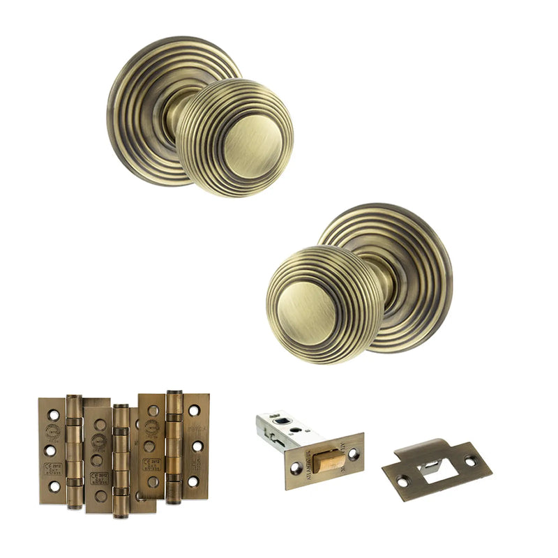 Atlantic Old English Ripon Door Knob Pack (Latch Set - 3" HD Latch, 3" Fire Rated Hinges x3)