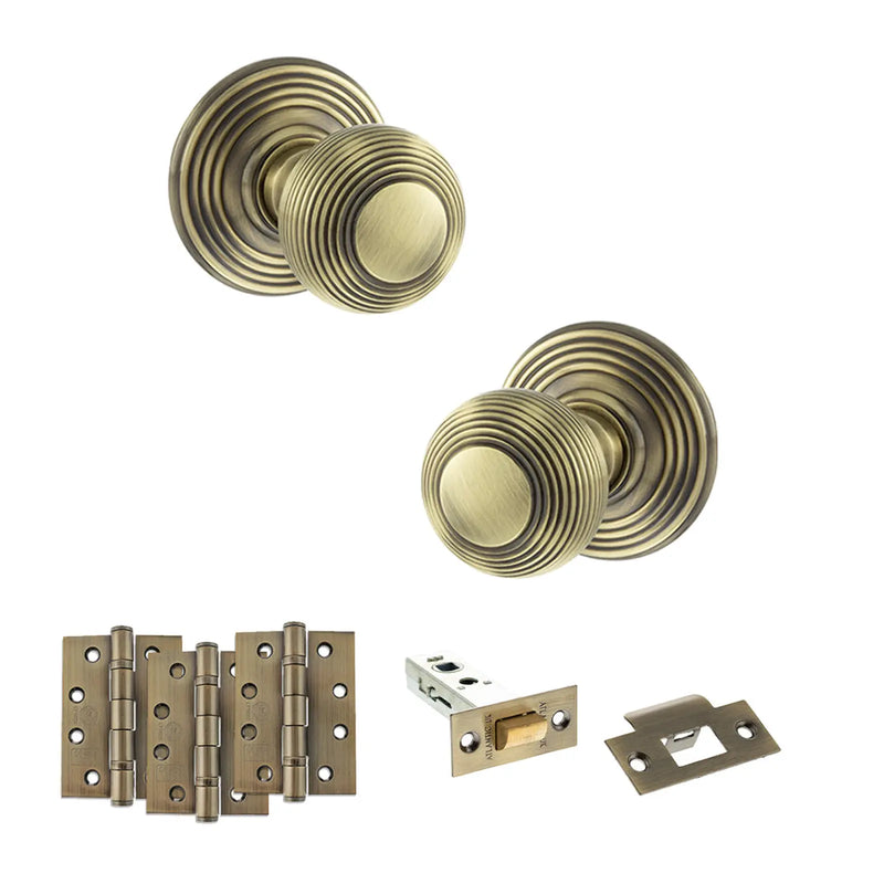 Atlantic Old English Ripon Door Knob Pack (Latch Set - 3" HD Latch, 4" Fire Rated Hinges x3)