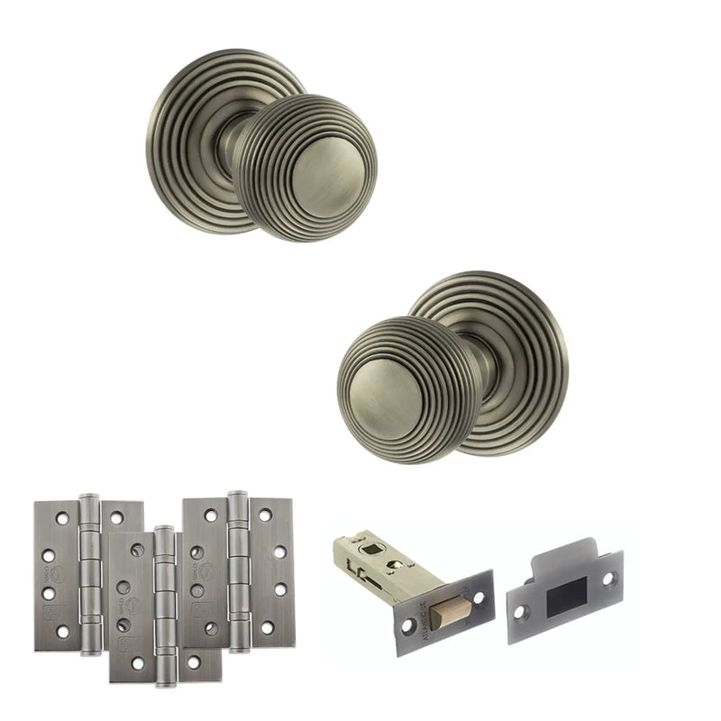 Atlantic Old English Ripon Door Knob Pack (Latch Set - 3" HD Latch, 4" Fire Rated Hinges x3)