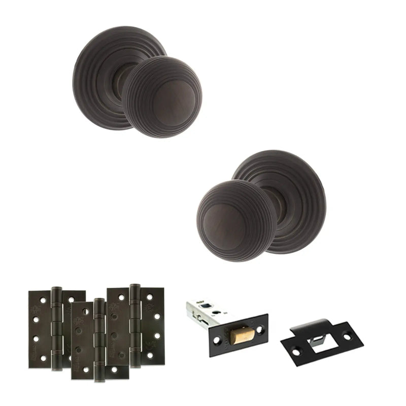 Atlantic Old English Ripon Door Knob Pack (Latch Set - 3" HD Latch, 4" Fire Rated Hinges x3)