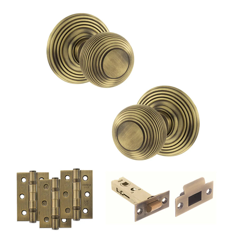 Atlantic Old English Ripon Door Knob Pack (Latch Set - 4" HD Latch, 3" Fire Rated Hinges x3)