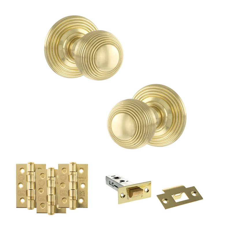 Atlantic Old English Ripon Door Knob Pack (Latch Set - 4" HD Latch, 3" Fire Rated Hinges x3)