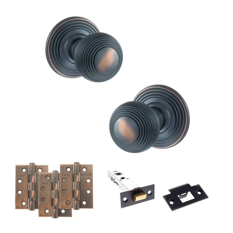 Atlantic Old English Ripon Door Knob Pack (Latch Set - 4" HD Latch, 4" Fire Rated Hinges x3)