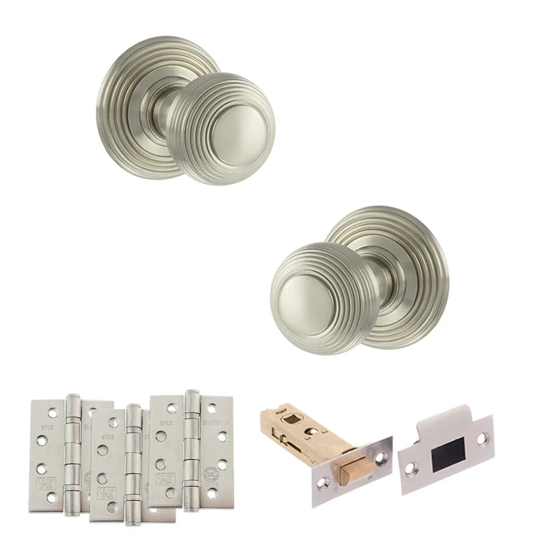 Atlantic Old English Ripon Door Knob Pack (Latch Set - 4" HD Latch, 4" Fire Rated Hinges x3)