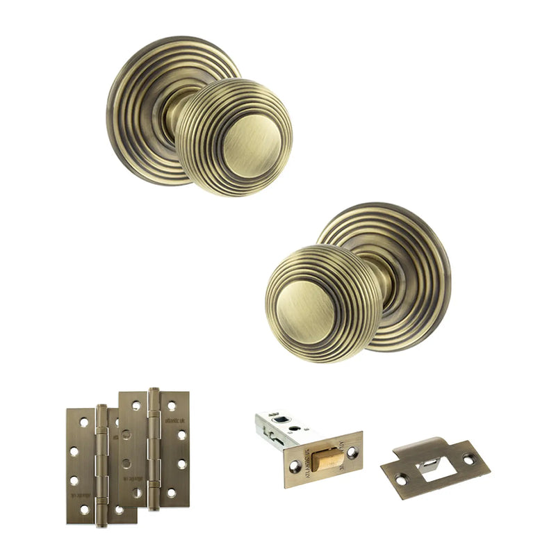 Atlantic Old English Ripon Door Knob Pack (Latch Set - 4" HD Latch, 4" Slim Knuckle Hinges x2)