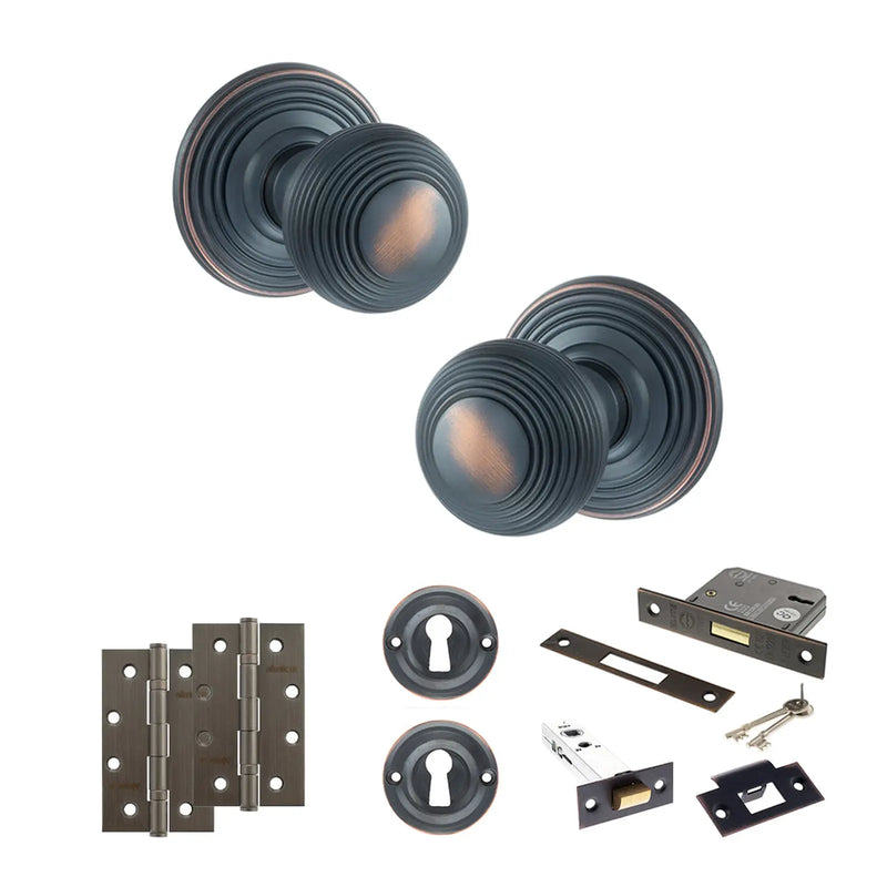 Atlantic Old English Ripon Door Knob Pack (Lock Set - 3" Latch & Deadlock, 4" Slim Knuckle Hinges x2)