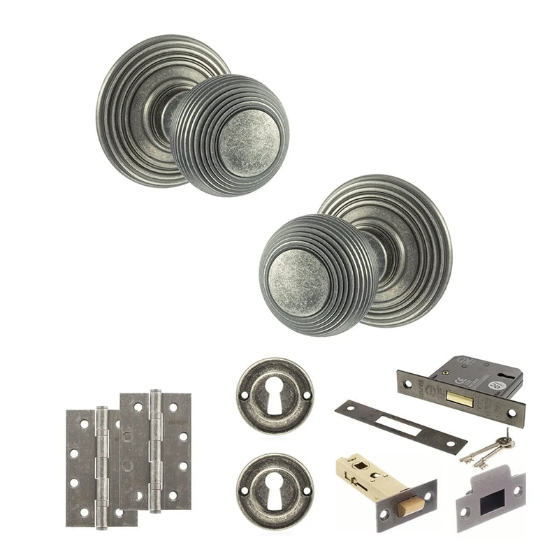 Atlantic Old English Ripon Door Knob Pack (Lock Set - 3" Latch & Deadlock, 4" Slim Knuckle Hinges x2)