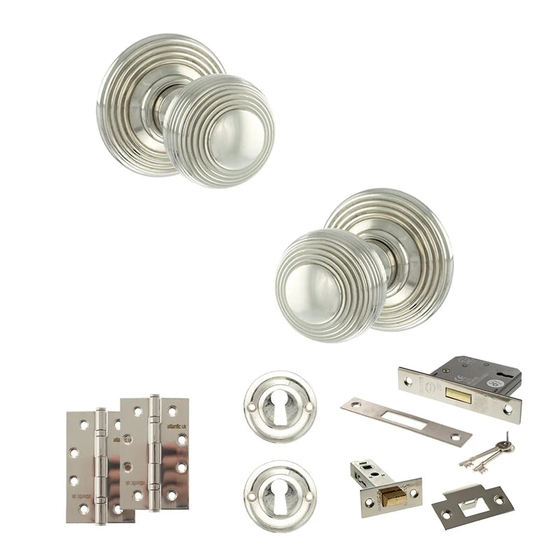 Atlantic Old English Ripon Door Knob Pack (Lock Set - 3" Latch & Deadlock, 4" Slim Knuckle Hinges x2)