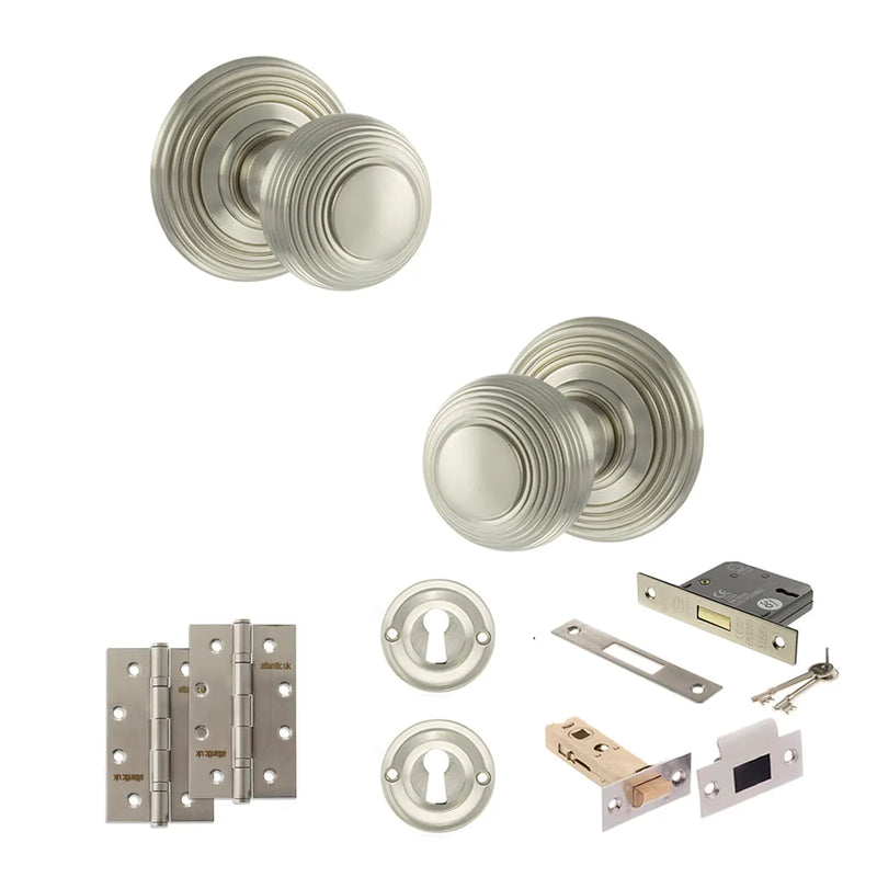 Atlantic Old English Ripon Door Knob Pack (Lock Set - 3" Latch & Deadlock, 4" Slim Knuckle Hinges x2)