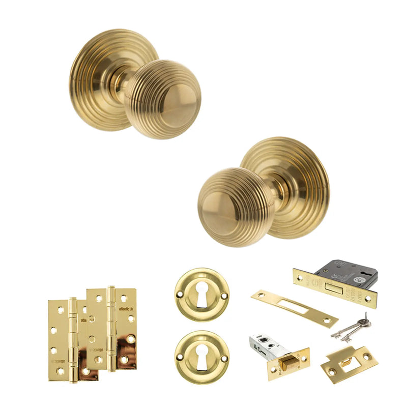 Atlantic Old English Ripon Door Knob Pack (Lock Set - 3" Latch & Deadlock, 4" Slim Knuckle Hinges x2)
