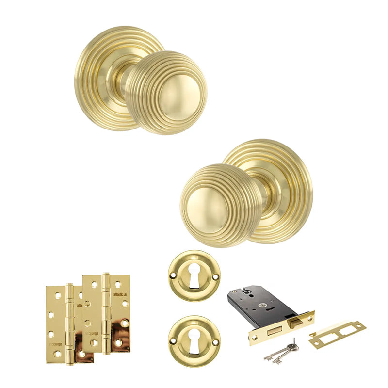 Atlantic Old English Ripon Door Knob Pack (Lock Set - Horizontal Sashlock, 4" Slim Knuckle Hinges x2)