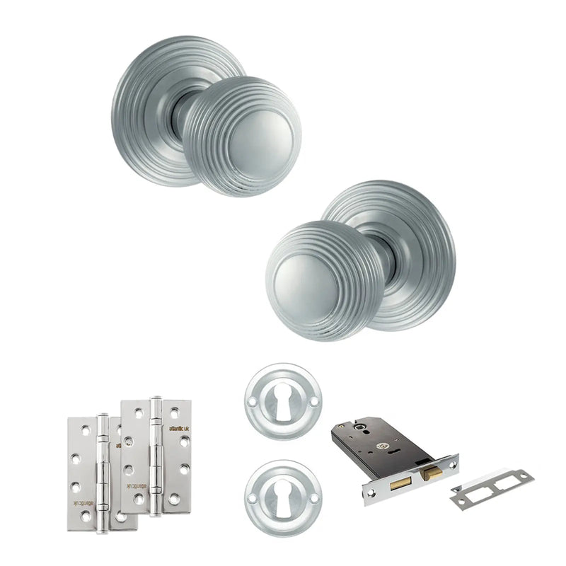 Atlantic Old English Ripon Door Knob Pack (Lock Set - Horizontal Sashlock, 4" Slim Knuckle Hinges x2)