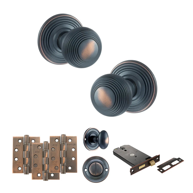 Atlantic Old English Ripon Door Knob Pack (Lock Set - Horizontal Bathlock, 4" Fire Rated Hinges x3)