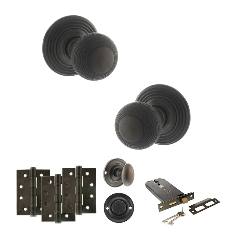 Atlantic Old English Ripon Door Knob Pack (Lock Set - Horizontal Bathlock, 4" Fire Rated Hinges x3)