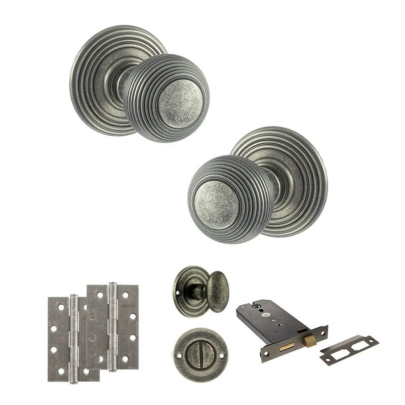 Atlantic Old English Ripon Door Knob Pack (Lock Set - Horizontal Bathlock, 4" Slim Knuckle Hinges x2)