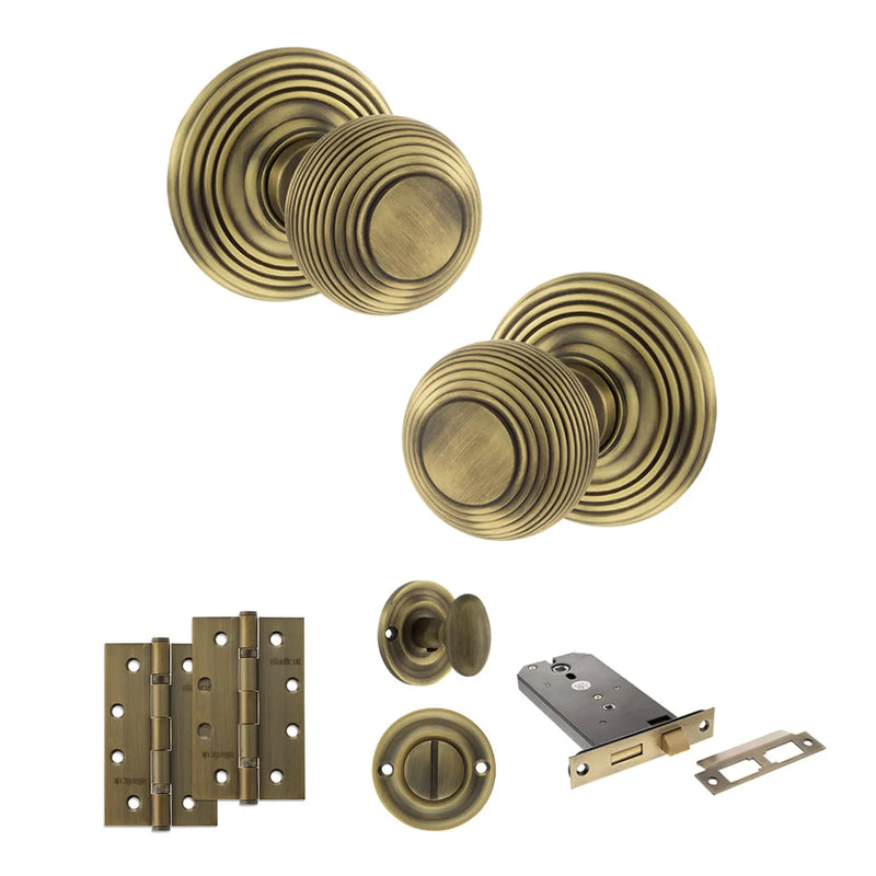 Atlantic Old English Ripon Door Knob Pack (Lock Set - Horizontal Bathlock, 4" Slim Knuckle Hinges x2)