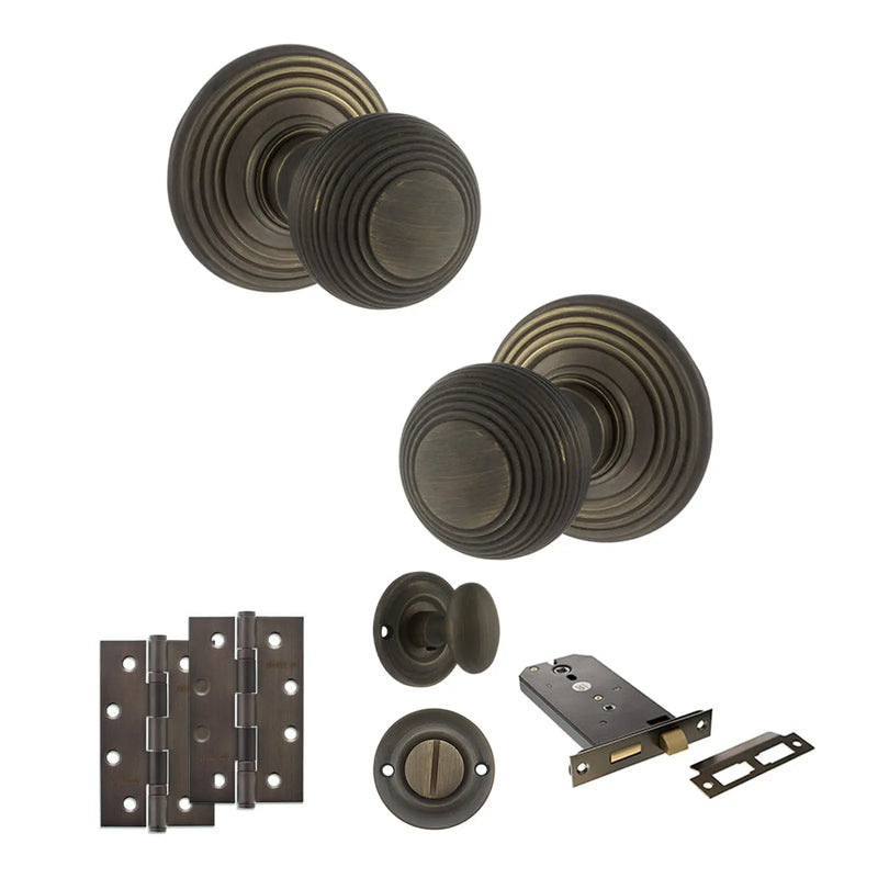 Atlantic Old English Ripon Door Knob Pack (Lock Set - Horizontal Bathlock, 4" Slim Knuckle Hinges x2)