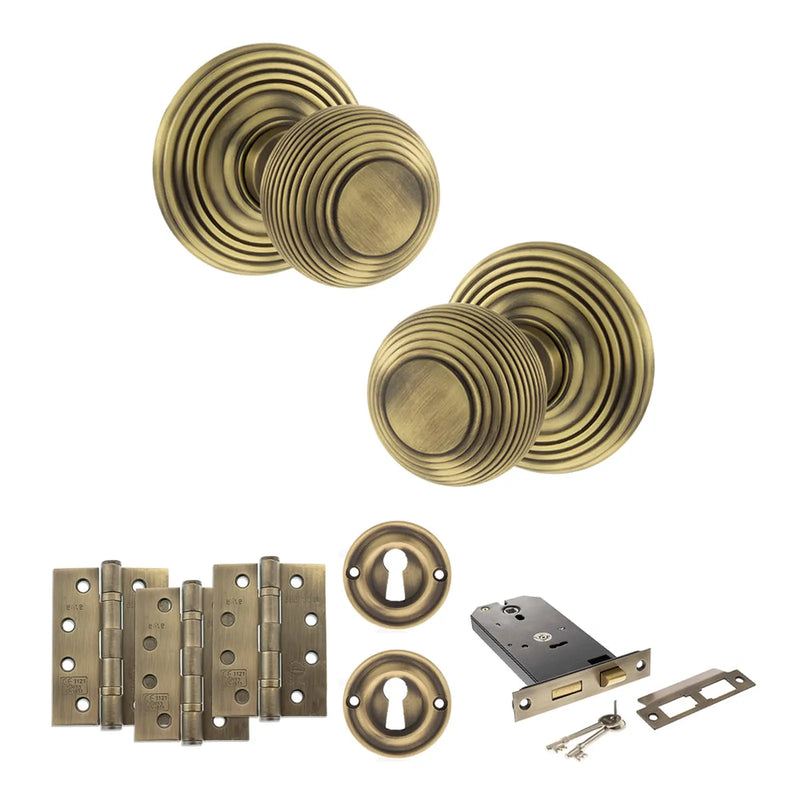 Atlantic Old English Ripon Door Knob Pack (Lock Set - Horizontal Sashlock, 4" Fire Rated Hinges x3)