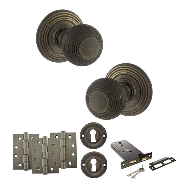 Atlantic Old English Ripon Door Knob Pack (Lock Set - Horizontal Sashlock, 4" Fire Rated Hinges x3)