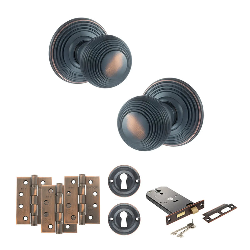 Atlantic Old English Ripon Door Knob Pack (Lock Set - Horizontal Sashlock, 4" Fire Rated Hinges x3)