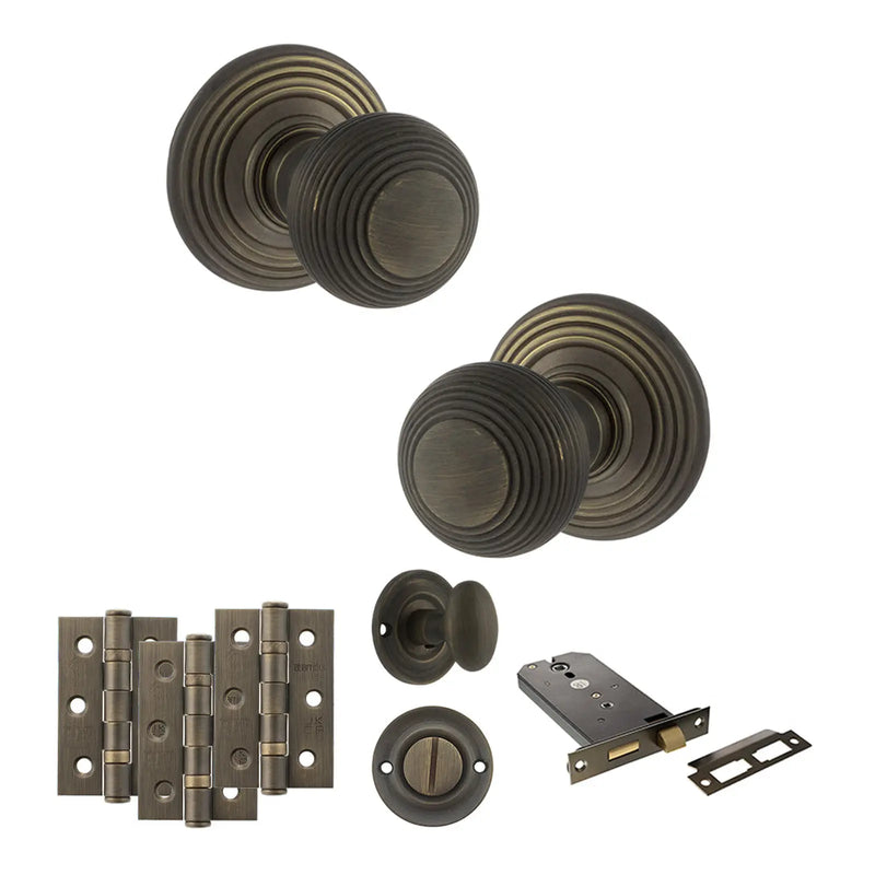Atlantic Old English Ripon Door Knob Pack (Lock Set - Horizontal Bathlock, 3" Fire Rated Hinges x3)