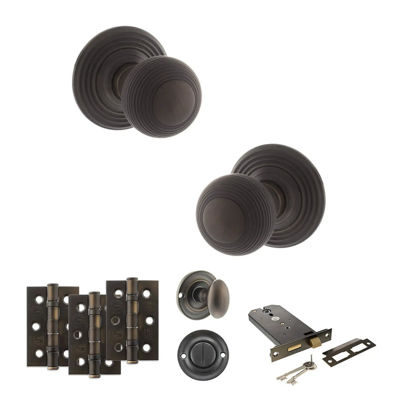 Atlantic Old English Ripon Door Knob Pack (Lock Set - Horizontal Bathlock, 3" Fire Rated Hinges x3)