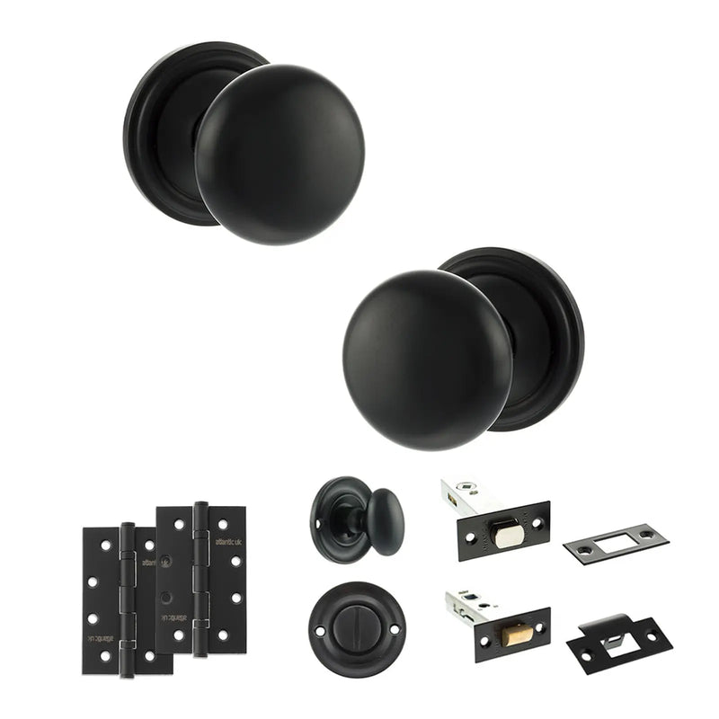 Atlantic Old English Harrogate Door Knob Pack (Bathroom Set - 3" Deadbolt, 4" Slim Knuckle Hinges x2)