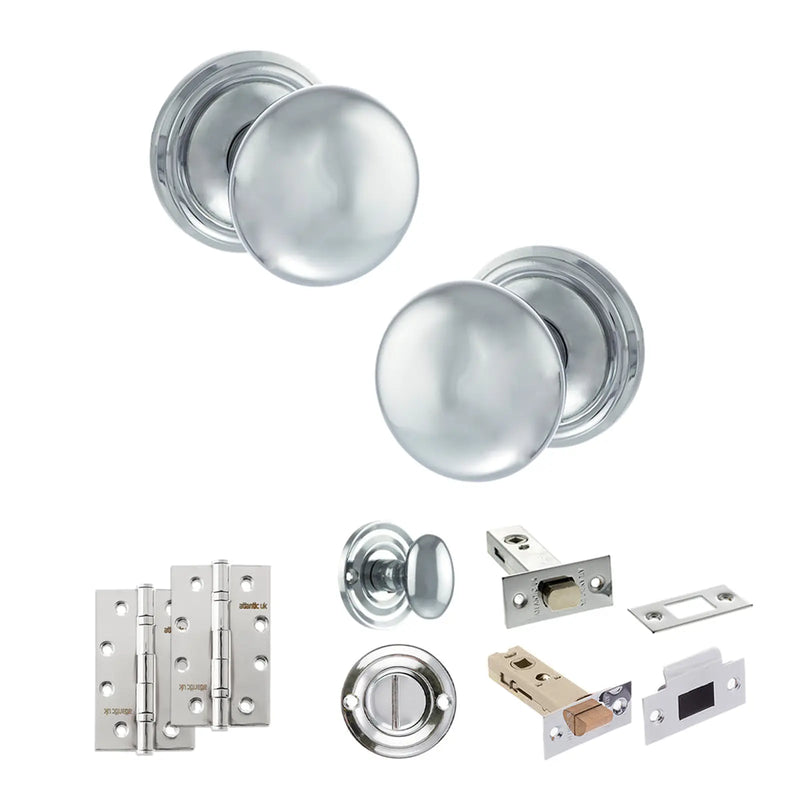 Atlantic Old English Harrogate Door Knob Pack (Bathroom Set - 3" Deadbolt, 4" Slim Knuckle Hinges x2)