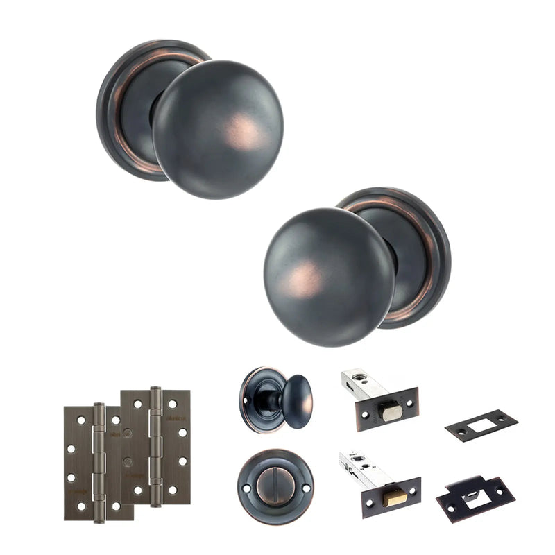 Atlantic Old English Harrogate Door Knob Pack (Bathroom Set - 3" Deadbolt, 4" Slim Knuckle Hinges x2)
