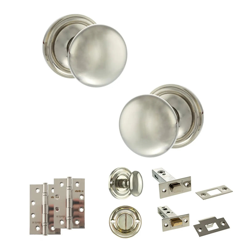 Atlantic Old English Harrogate Door Knob Pack (Bathroom Set - 3" Deadbolt, 4" Slim Knuckle Hinges x2)