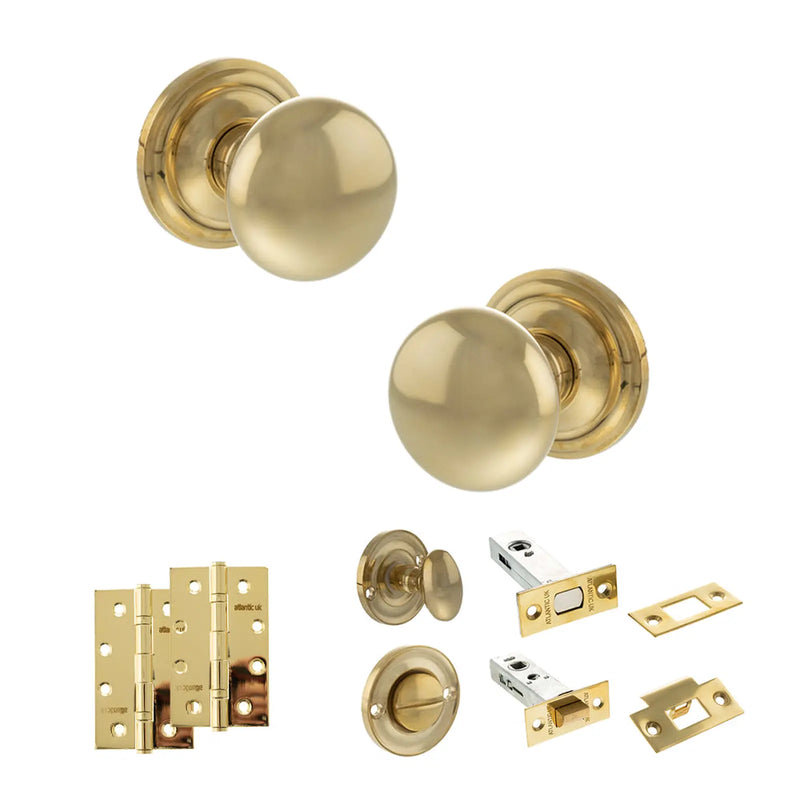 Atlantic Old English Harrogate Door Knob Pack (Bathroom Set - 3" Deadbolt, 4" Slim Knuckle Hinges x2)