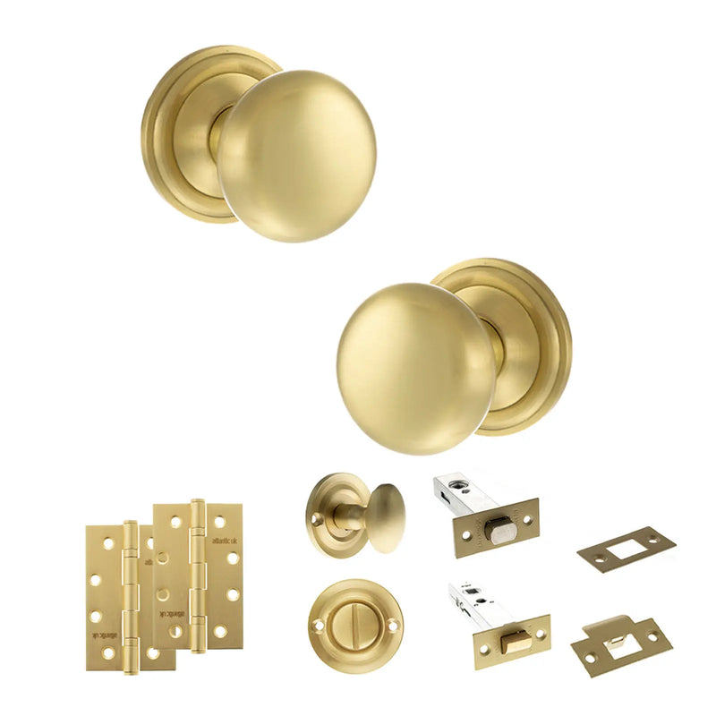 Atlantic Old English Harrogate Door Knob Pack (Bathroom Set - 3" Deadbolt, 4" Slim Knuckle Hinges x2)