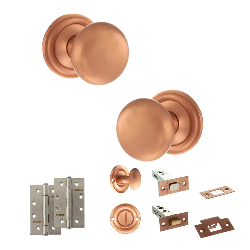Atlantic Old English Harrogate Door Knob Pack (Bathroom Set - 3" Deadbolt, 4" Slim Knuckle Hinges x2)