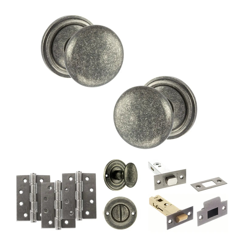Atlantic Old English Harrogate Door Knob Pack (Bathroom Set - 3" Deadbolt, 4" Fire Rated Hinges x3)
