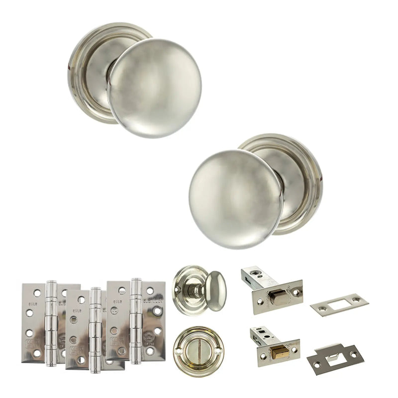 Atlantic Old English Harrogate Door Knob Pack (Bathroom Set - 3" Deadbolt, 4" Fire Rated Hinges x3)