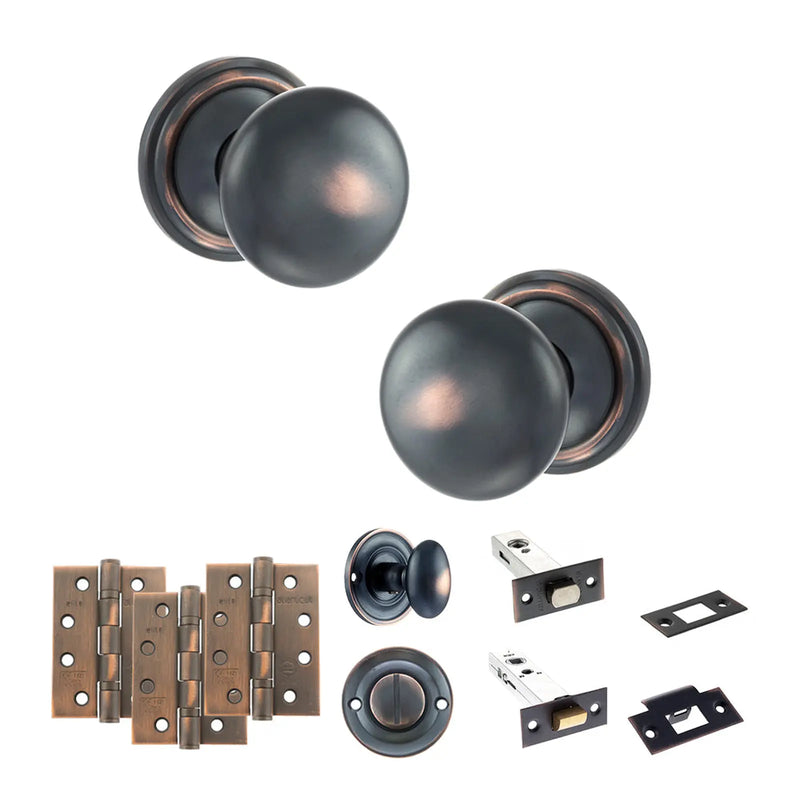 Atlantic Old English Harrogate Door Knob Pack (Bathroom Set - 4" Deadbolt, 4" Fire Rated Hinges x3)