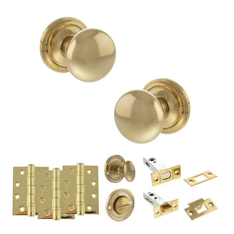 Atlantic Old English Harrogate Door Knob Pack (Bathroom Set - 4" Deadbolt, 4" Fire Rated Hinges x3)