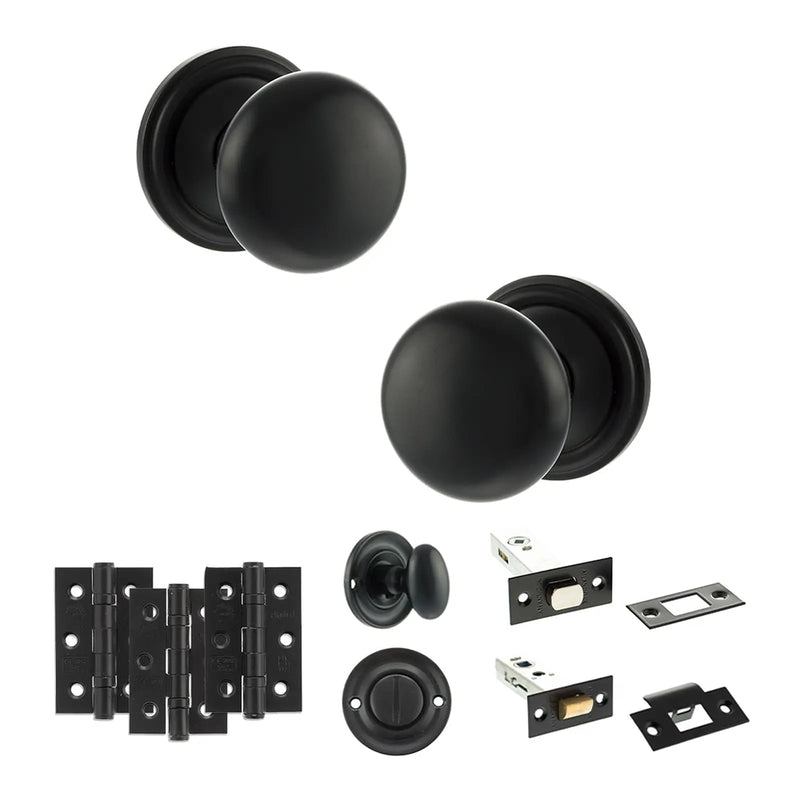 Atlantic Old English Harrogate Door Knob Pack (Bathroom Set - 4" Deadbolt, 3" Fire Rated Hinges x3)