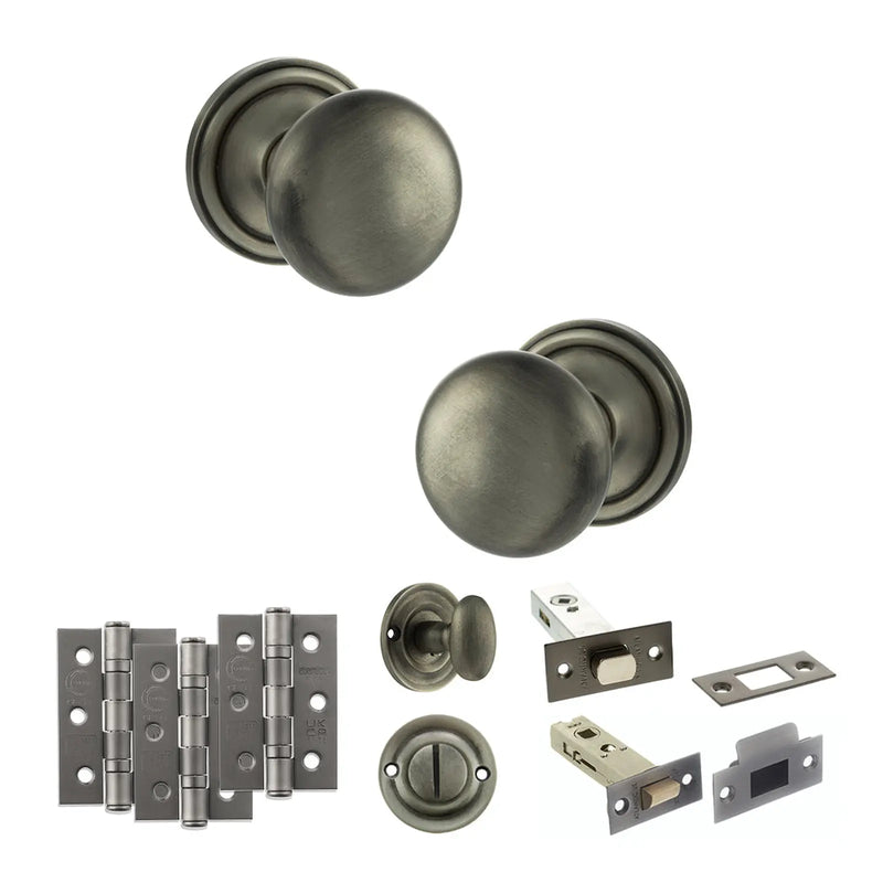 Atlantic Old English Harrogate Door Knob Pack (Bathroom Set - 4" Deadbolt, 3" Fire Rated Hinges x3)