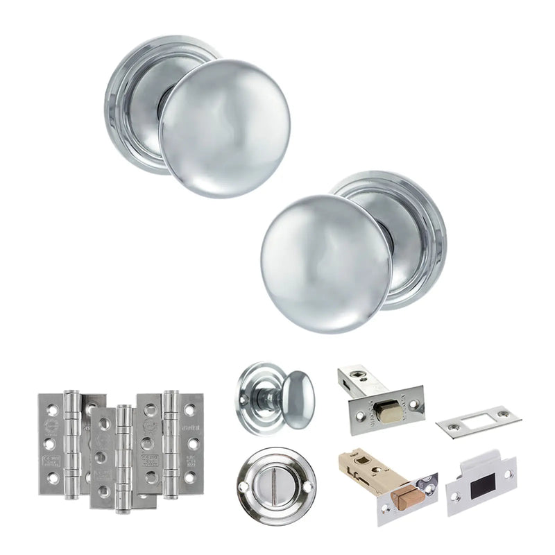 Atlantic Old English Harrogate Door Knob Pack (Bathroom Set - 4" Deadbolt, 3" Fire Rated Hinges x3)