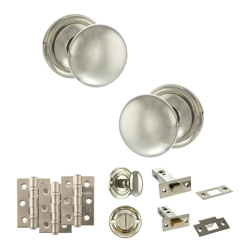 Atlantic Old English Harrogate Door Knob Pack (Bathroom Set - 4" Deadbolt, 3" Fire Rated Hinges x3)