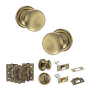 Atlantic Old English Harrogate Door Knob Pack (Bathroom Set - 4" Deadbolt, 3" Fire Rated Hinges x3)
