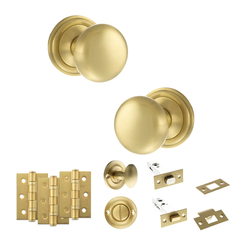Atlantic Old English Harrogate Door Knob Pack (Bathroom Set - 4" Deadbolt, 3" Fire Rated Hinges x3)