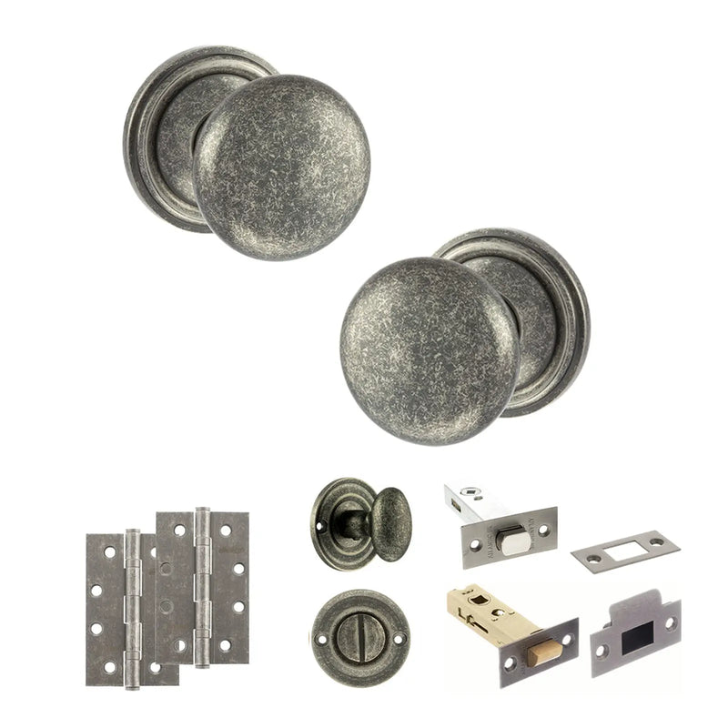 Atlantic Old English Harrogate Door Knob Pack (Bathroom Set - 4" Deadbolt, 4" Slim Knuckle Hinges x2)