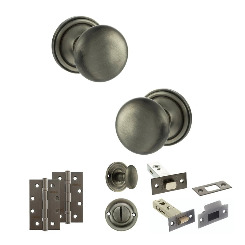 Atlantic Old English Harrogate Door Knob Pack (Bathroom Set - 4" Deadbolt, 4" Slim Knuckle Hinges x2)