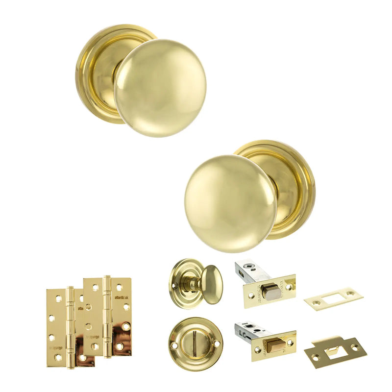 Atlantic Old English Harrogate Door Knob Pack (Bathroom Set - 4" Deadbolt, 4" Slim Knuckle Hinges x2)