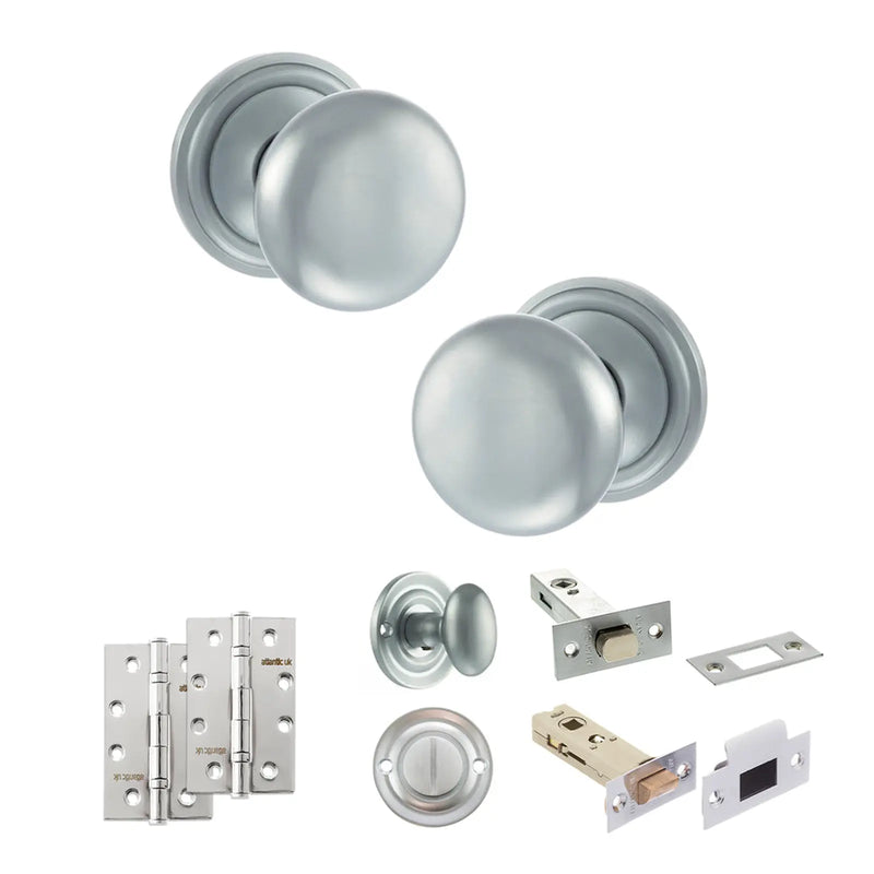 Atlantic Old English Harrogate Door Knob Pack (Bathroom Set - 4" Deadbolt, 4" Slim Knuckle Hinges x2)